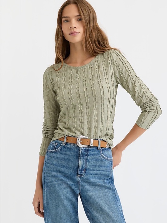 LOFT Tops - LOFT Textured Long Sleeve Crew Neck Tee Green Crew Neck Slim Fit Lightweight L
